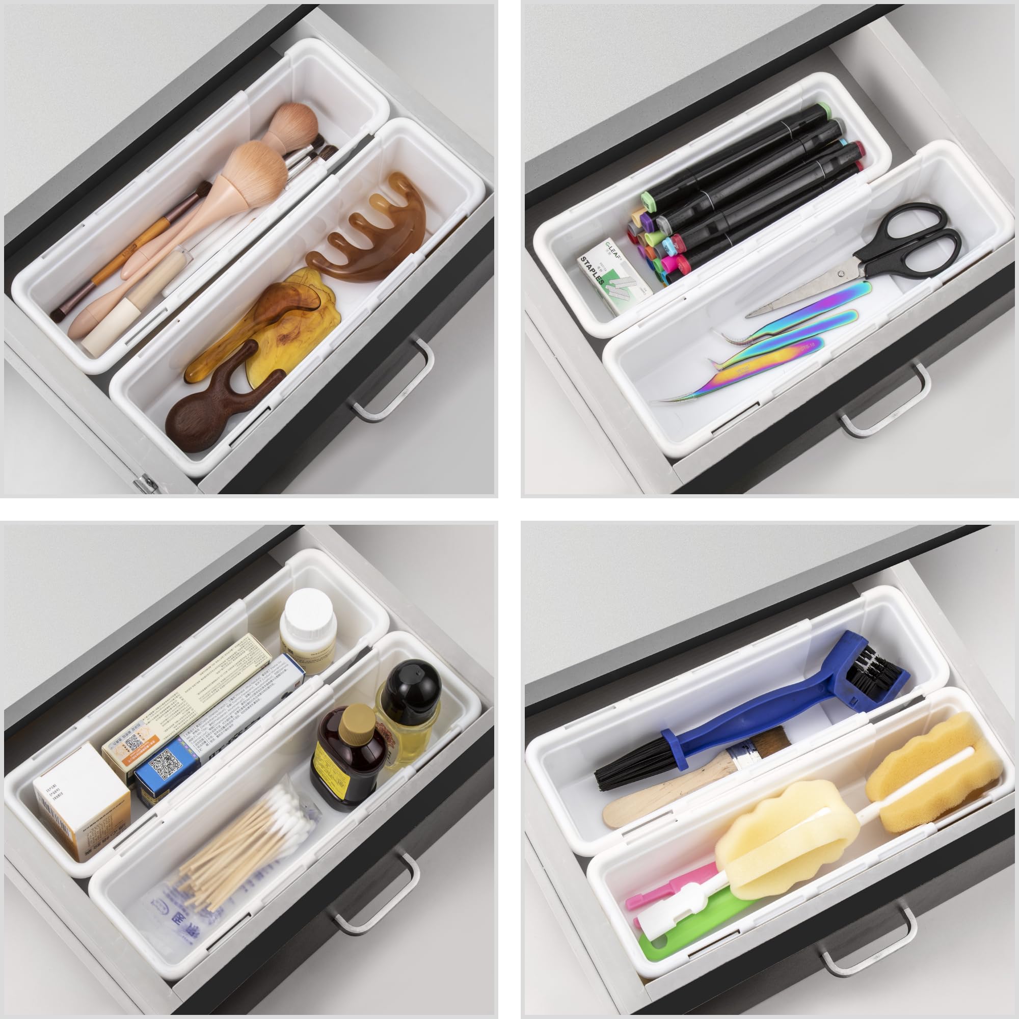 QIWODE Organizer Cassetti Estensibile, Scatola Divisori per Cassetti Plastica, Contenitori Cassetti Organizer Salvaspazio per Cucina Bagno, Ufficio, Armadio, Scrivania, Bianco(Confezione da 2)