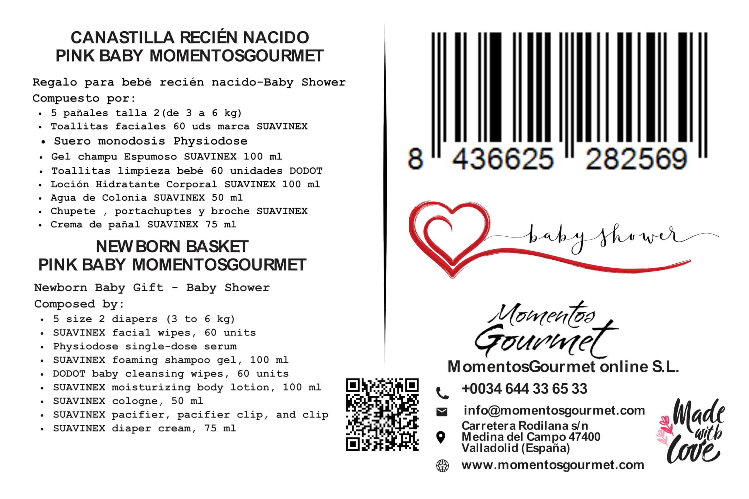 Panier bébé rose | Comprend gel, shampoing, eau de Cologne | Tétine Suavinex, thermomètre, biberon, porte-tétine, broche | 4 couches Taille 2