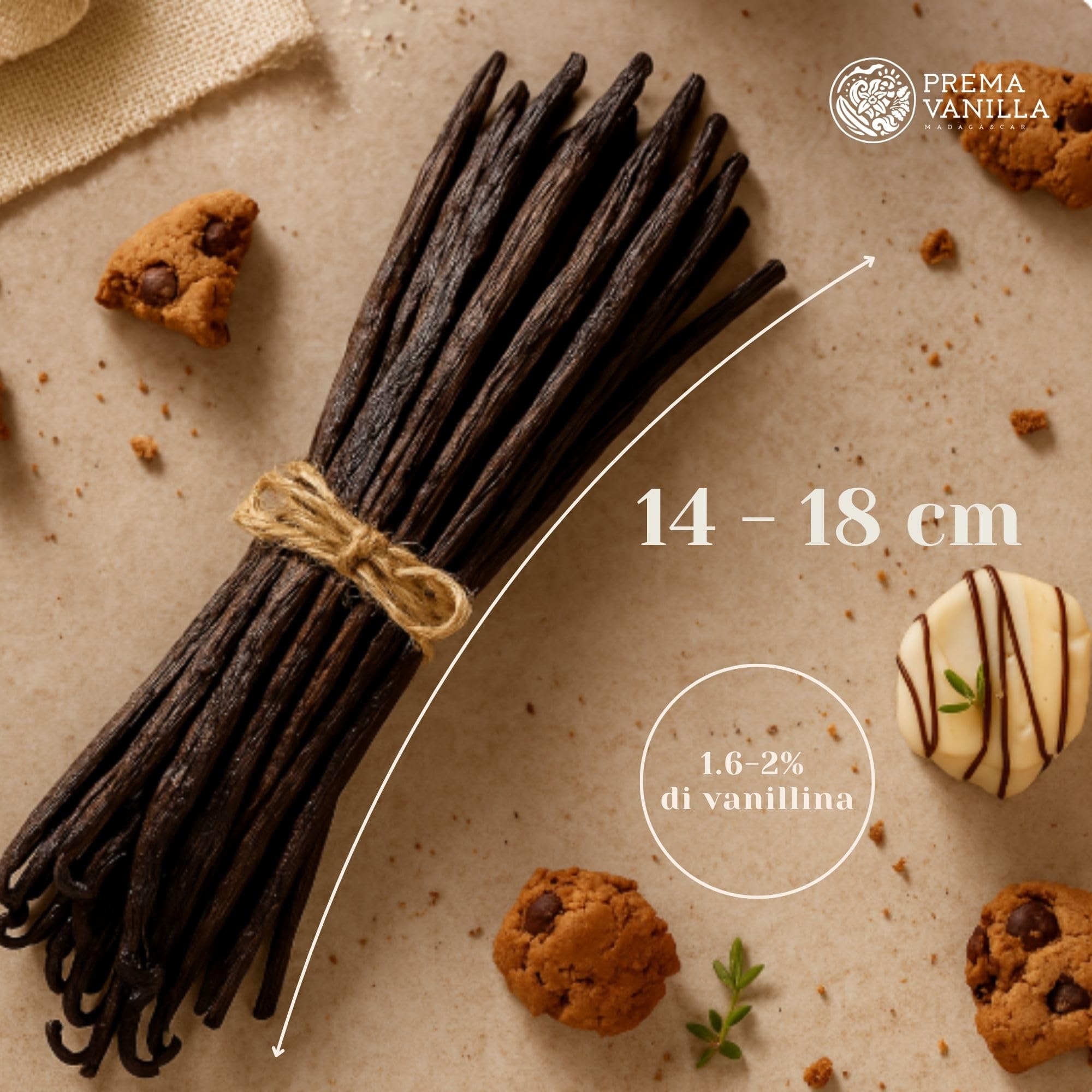 PREMA VANILLA Baccelli di Vaniglia del Madagascar, Vaniglia Bourbon di Grado A per la Preparazione di Estratto, Ideale per Cucina e Pasticceria, Confezione da 5 Baccelli