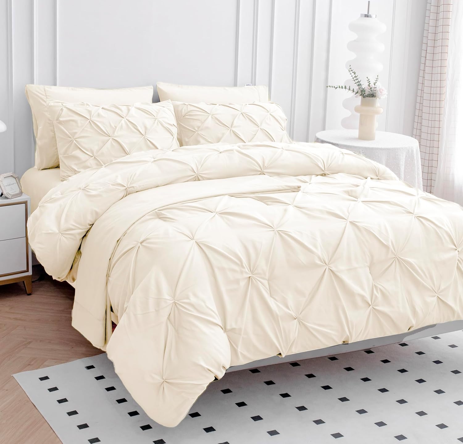 LANE LINEN King Comforter Set – 7 Piece Pintuck Bed in a Bag - Down Alternative Bedding with Comforter, Sheets, Pillowcases & Shams - Ultra Soft, Hotel Quality Cloud Like Comfort Everyday Use – Ivory | Cloud soft feel, Plush alt feel, Light breathable, Hotel sleep feel, Easy care daily - Image 4