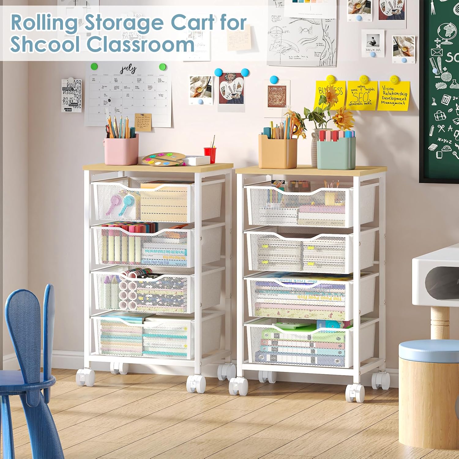 Utility Cart with 4 Drawers, Rolling Storage Cart, Metal Rolling Drawer Cart with Lockable Wheels and Wooden Tabletop, Craft Storage Art Cart for Living Room, Bedroom, Classroom, Office, White - Image 8