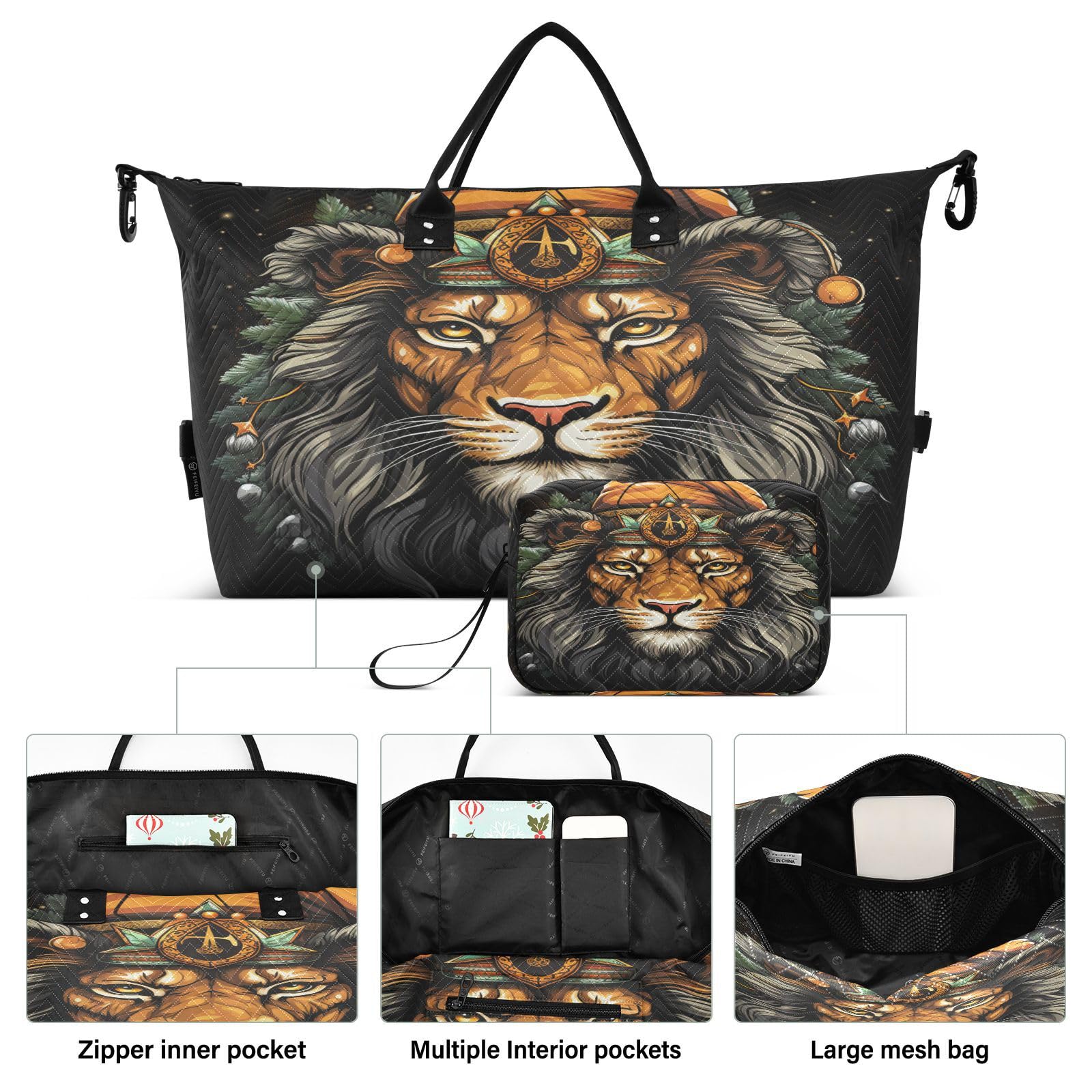 Cool Christmas Lion Sports Swim Gym Bag Weekender Duffel Travel Bags Handbag with Makeup Storage Bag for Girls Men