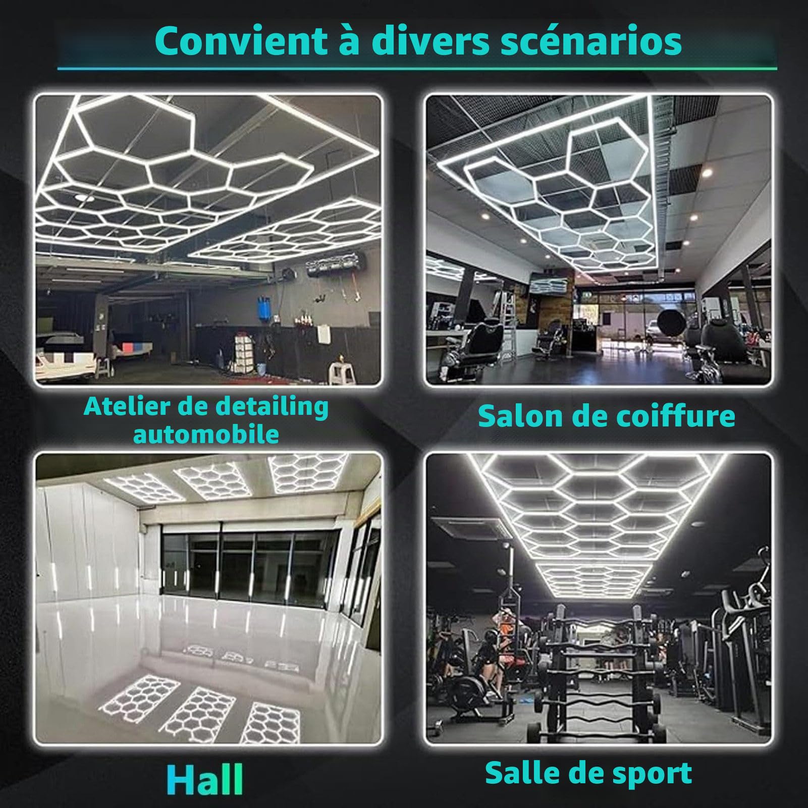 Plafonnier LED Hexagonal for Garage, Atelier, sous-Sol, Grille hexagonale 6500 K, connectable, for Garage, Atelier, etc.(B)
