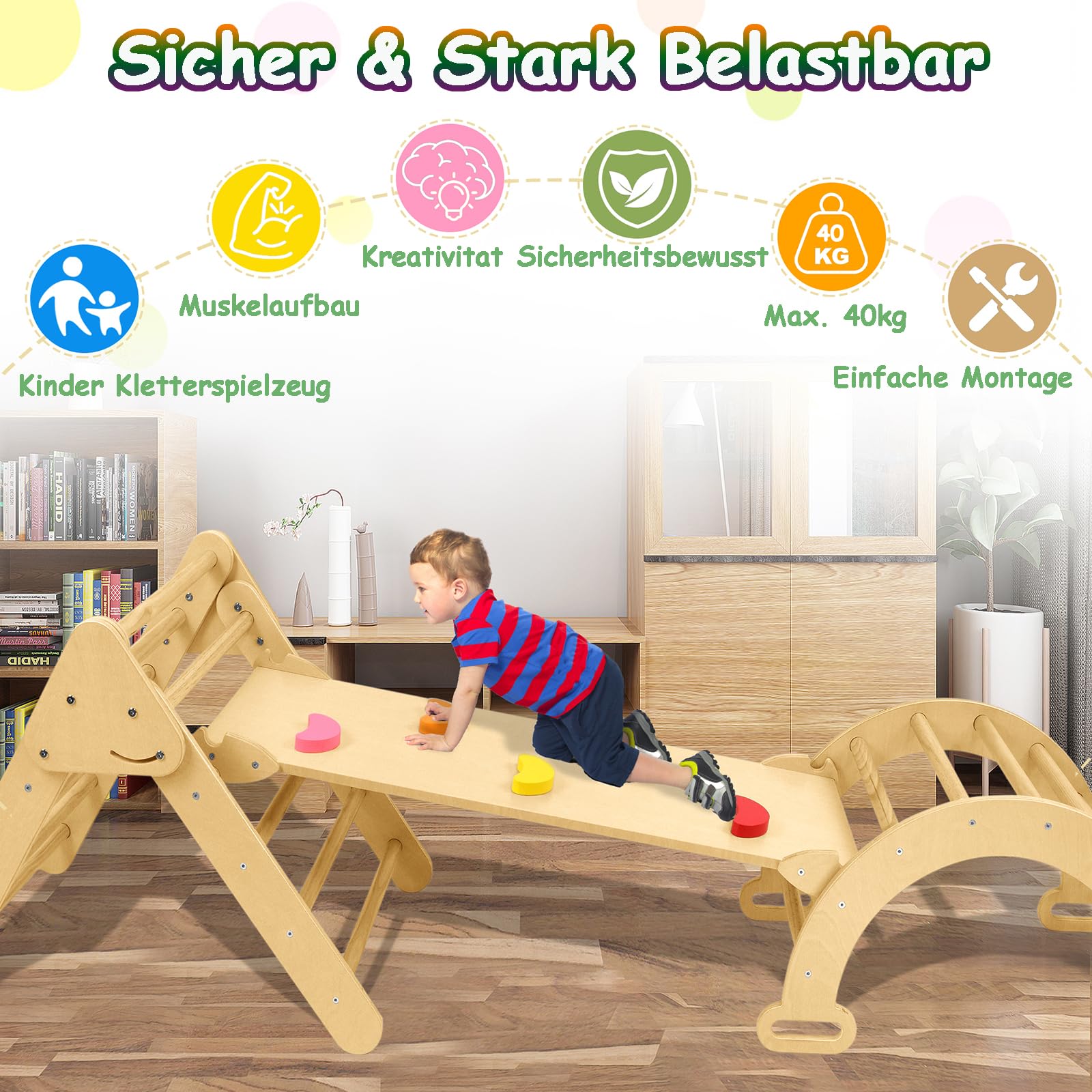 Aufun Klettergerüst Indoor Sprossenwand 3 in 1, Holz Kleinkind Klettergerüst Set, Kinder Pickler Dreieck, Baby Rutsche & Klettergerüste Indoor Spielgeräte für Kleinkinder ab 2-8 Jahr, ELC1072B