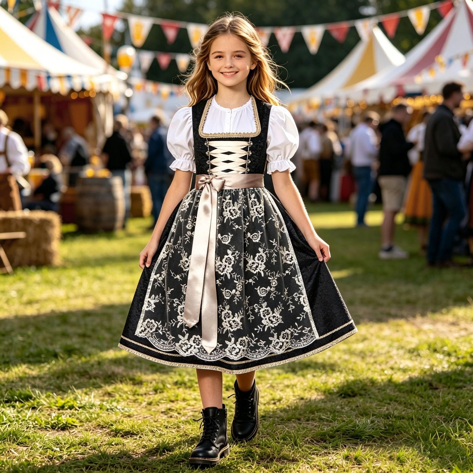 Dirndl Mädchen Trachtenkleid 2 Teilig Kinderdirndl Midi Trachtenkleid Knielang Dirndlkleid Elegante Dirndelkleider und Dirndlschürzen für Oktoberfest Outfit Hochzeit Kostüm Kinder Bayerisches Bierfest