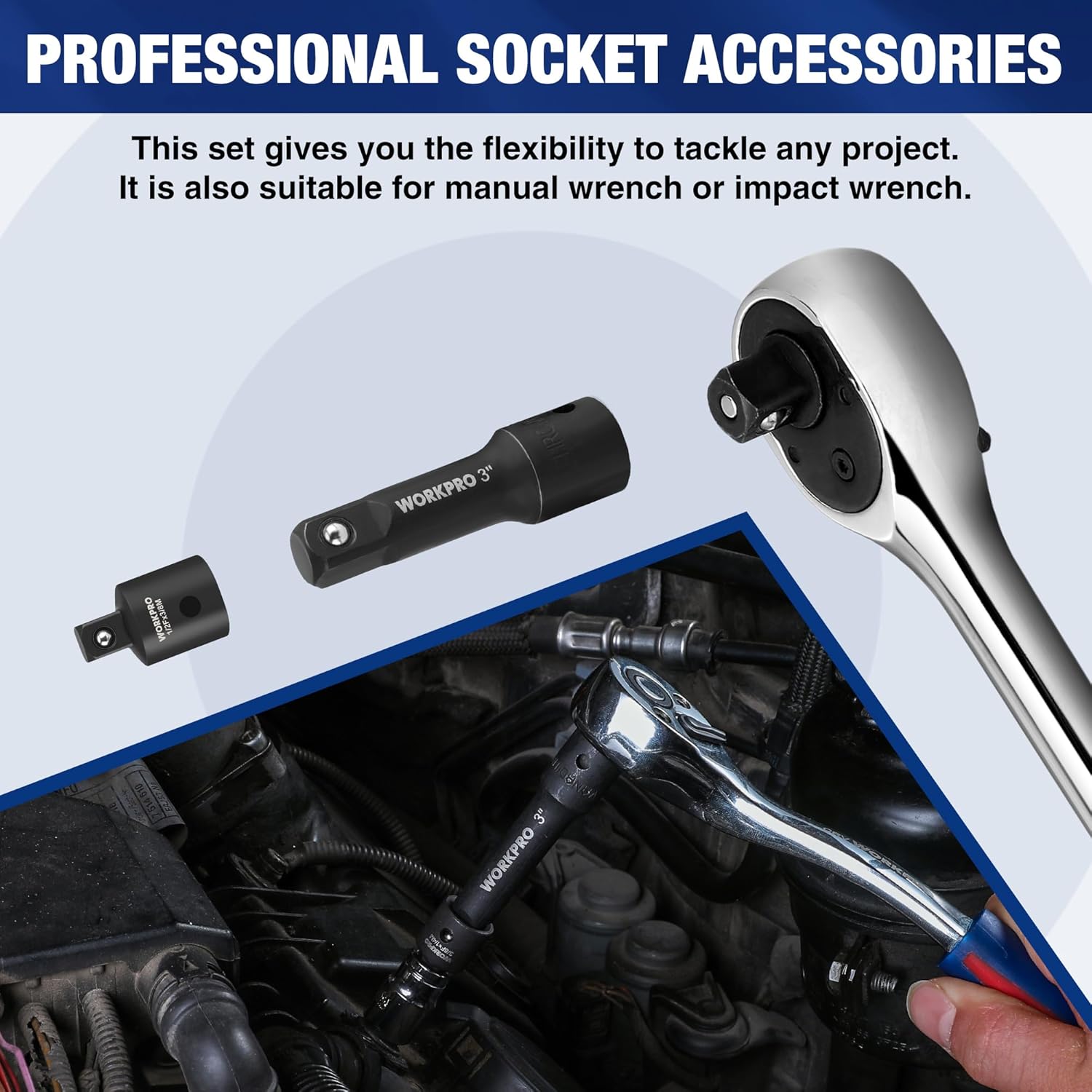 WORKPRO 9-Piece Impact Socket Extension Set, Includes 3/8" Drive Extension Bar Set, 1/4", 3/8" & 1/2" Drive Universal Joints and Adapters, Premium Chrome Vanadium Steel with Black Phosphate Finish