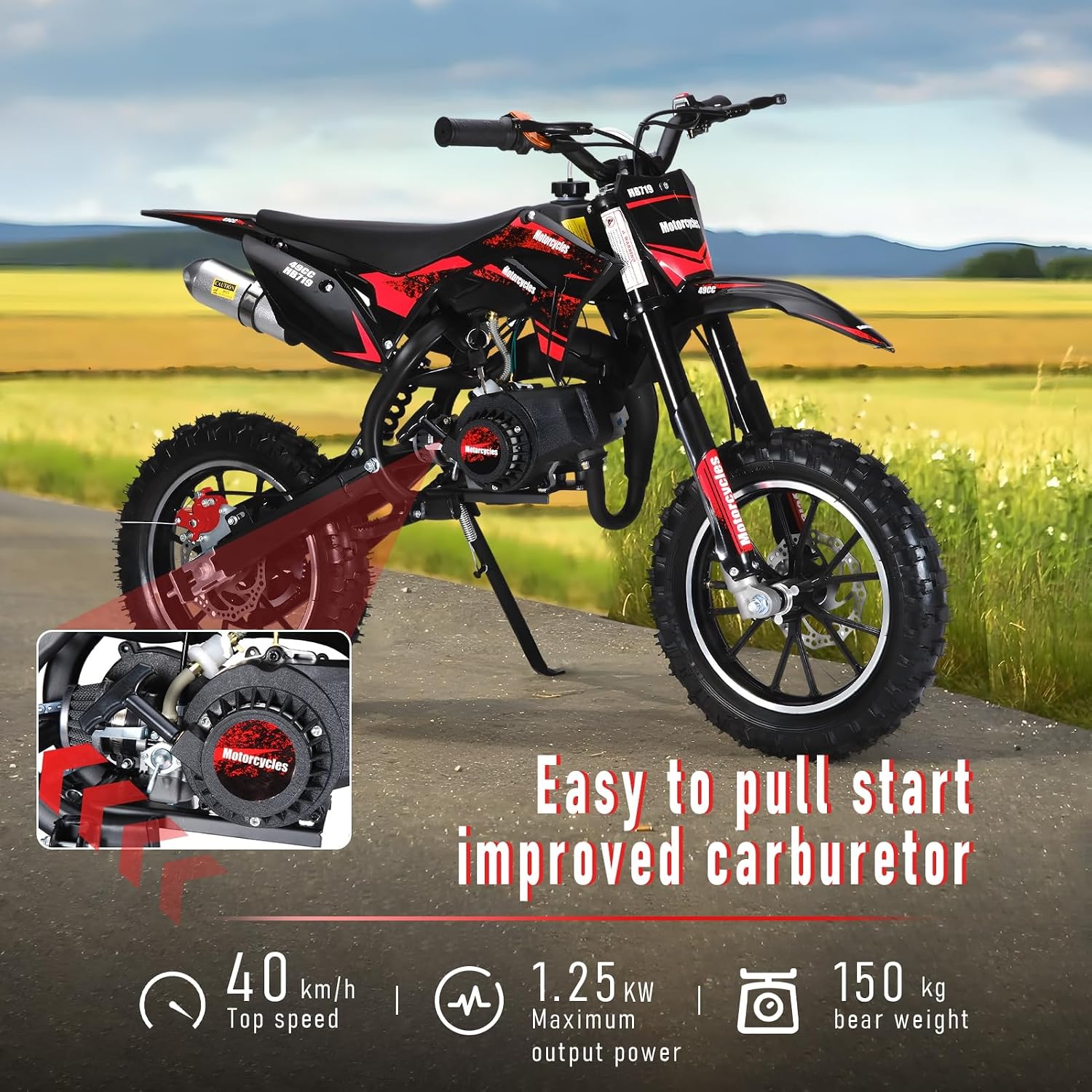 49CC 2-Stroke Gas Powered Mini Dirt Bike for Kids, Up to 25MPH, Off-Road Pocket Motorcycle with Front & Rear Disc Brakes, Shock Absorption, 10-Inch Tires, Max Load 330lbs (Pull Start) Red