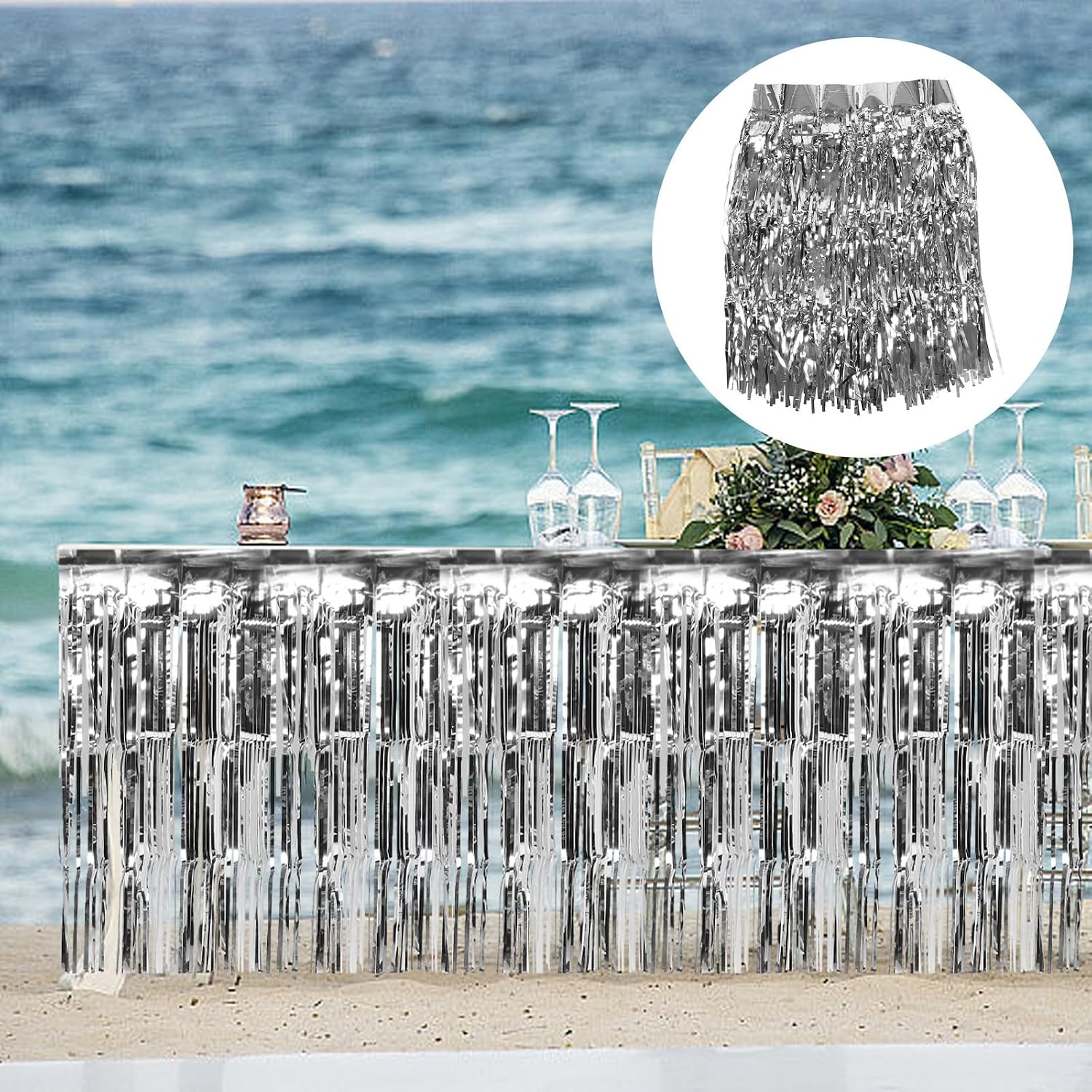 Silver Foil Fringe Table Skirt Disposable Rectangle Table Decoration with Metallic PVC Material for Party Decoration and Birthday Party Use