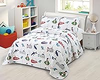 Vista 5 de Colcha de 2 piezas de tamaño individual para niños/adolescentes, niños, niñas, dinosaurios, blanco, azul, verde, naranja, bebé dinosaurios, ropa