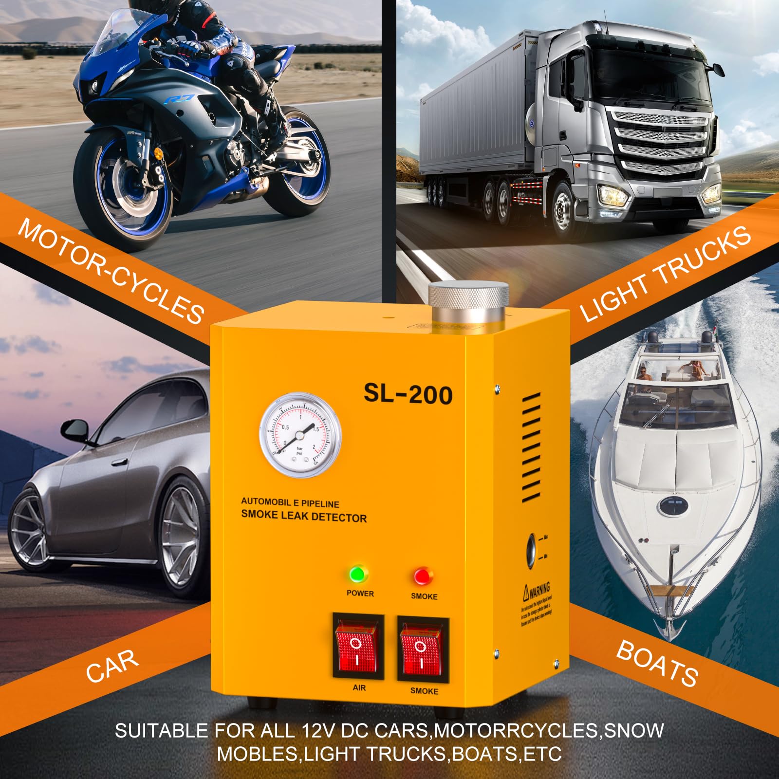 GODIAG SL200 Máquina de Humo Coche Maquina de Humo para Coche con Manómetro Detector Fugas Humo con Bomba de Aire Incorporada máquina Humo Coche para Coches 12V, ATVs, Motos, Motos de Nieve y Barcos