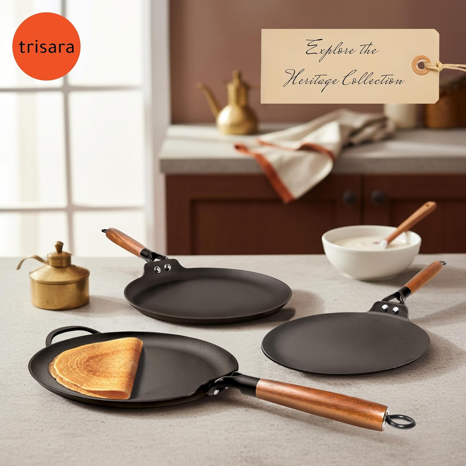 Trisara Heritage 26 cm Cast Iron Dosa Tawa with Wooden Handle | Pre-Seasoned with 100% Vegetable Oil | Tawa for Making Dosa/Uthappam/Pancake | Induction and Gas Stove Compatible