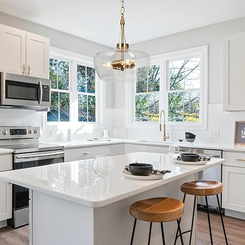 Miniatura 3 de ZEVNI Candelabro dorado moderno, lámpara colgante dorada de 3 luces con pantalla de vidrio transparente, lámpara colgante individual, 12 pulgadas de