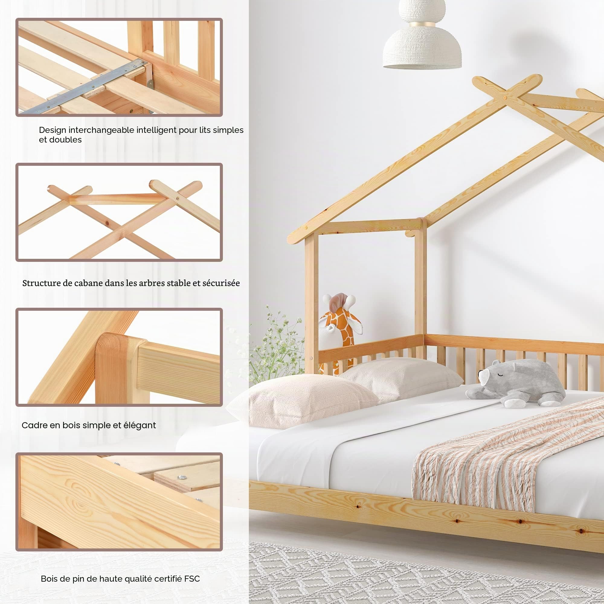 Merax Lit pour enfant 200x180cm, Lit fonctionnel avec barrière antichute et sommier à lattes, Lit de jour extensible en lit double, Lit en forme de cabane en bois pour filles et garçons, Couleur