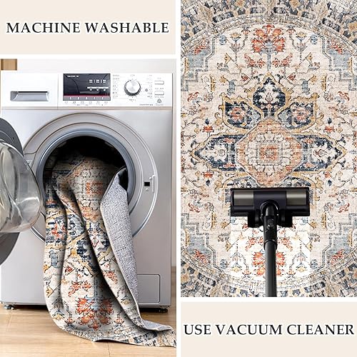 Miniatura 6 de VK VKLIVING Alfombra lavable a máquina de 2 x 6 pies, diseño vintage, lavable con alfombras antideslizantes para sala de estar y dormitorio,