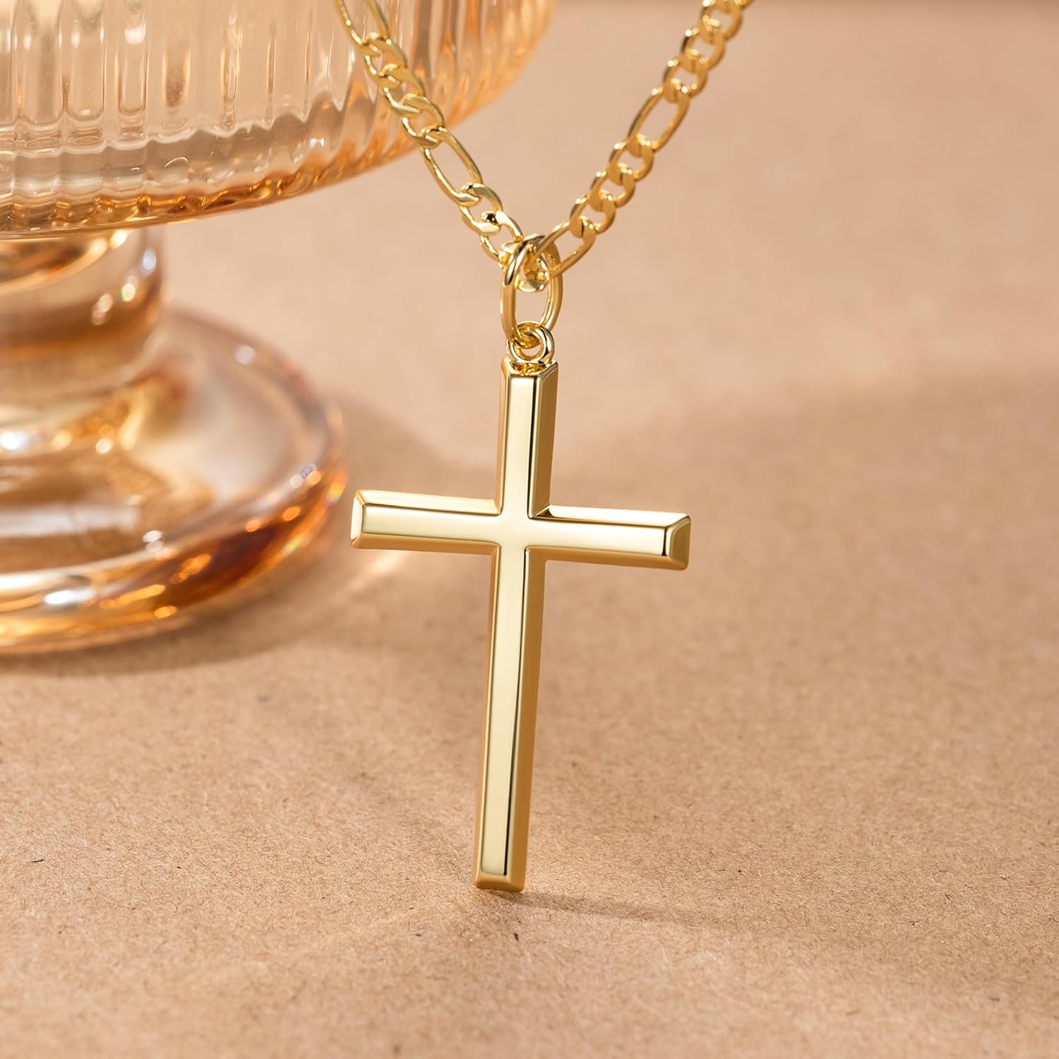 14K Gold Cross Necklace for Women Gold Cross Pendant Figaro Chain Mariner Masculine Appeal 19 INCH - Image 7