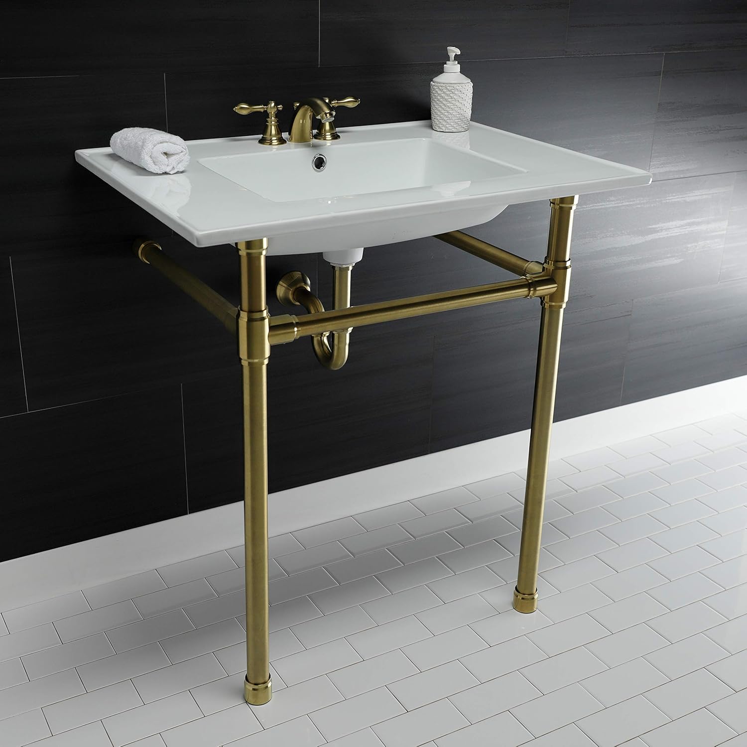 Kingston Brass KVPB31227W47 Dreyfuss 31" Console Sink with Stainless Steel Legs (4-Inch, 3 Hole), White/Brushed Brass