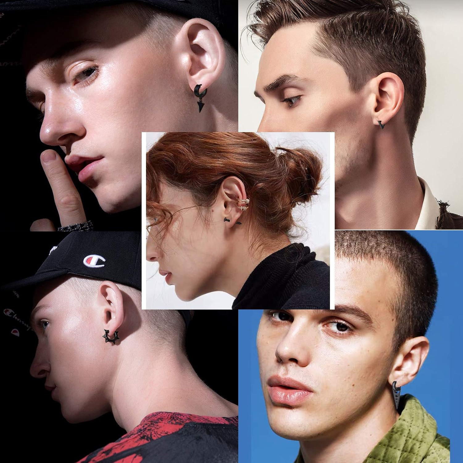 5 Pairs Punk Style Stainless Steel Black Tone Geometric Triangle Rivet Surgical Huggie Hoop Earrings Screw Nail Stud Earrings Gift for Men Women Teen - Image 3