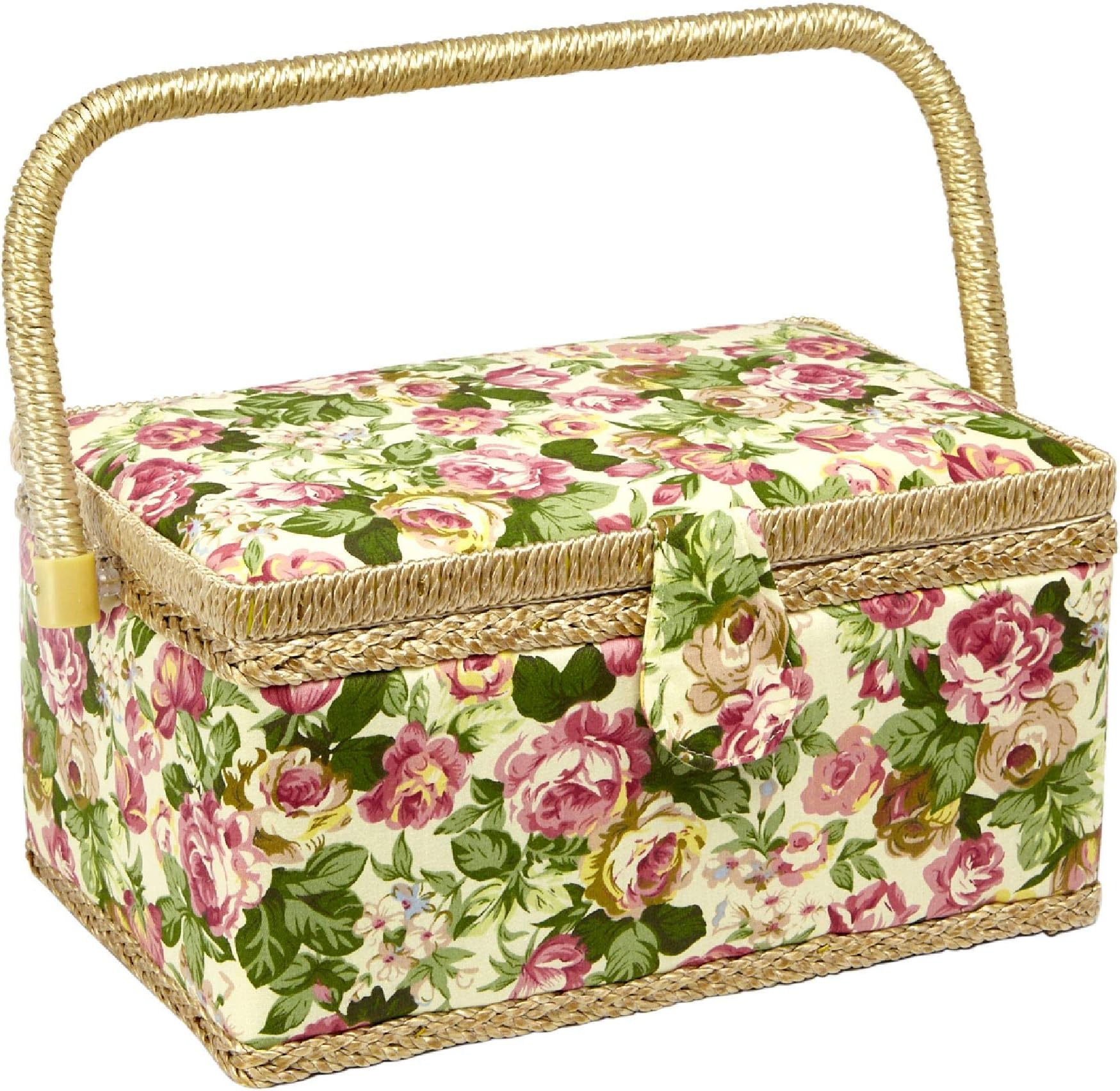 Sewing Basket with Rose Floral Print Design- Sewing Kit Storage Box with Removable Tray, Built-in Pin Cushion and Interior Pocket - Medium - 11" x 7" x 5.5" - by Adolfo Design
