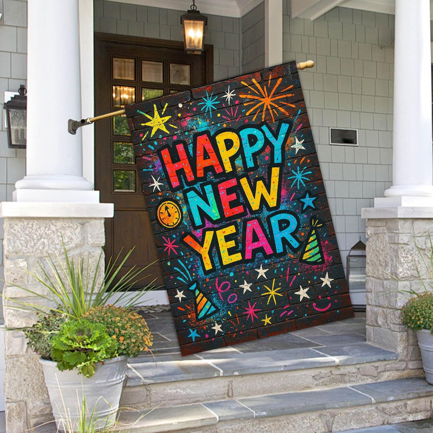 Happy New Year House Flag 28x40 Inch Double Sided Garden Flag Colorful Fireworks Party Hat Design for Winter Yard Banner Porch Outdoor Holiday Home Decoration Large Polyester Garden Flags - Image 5