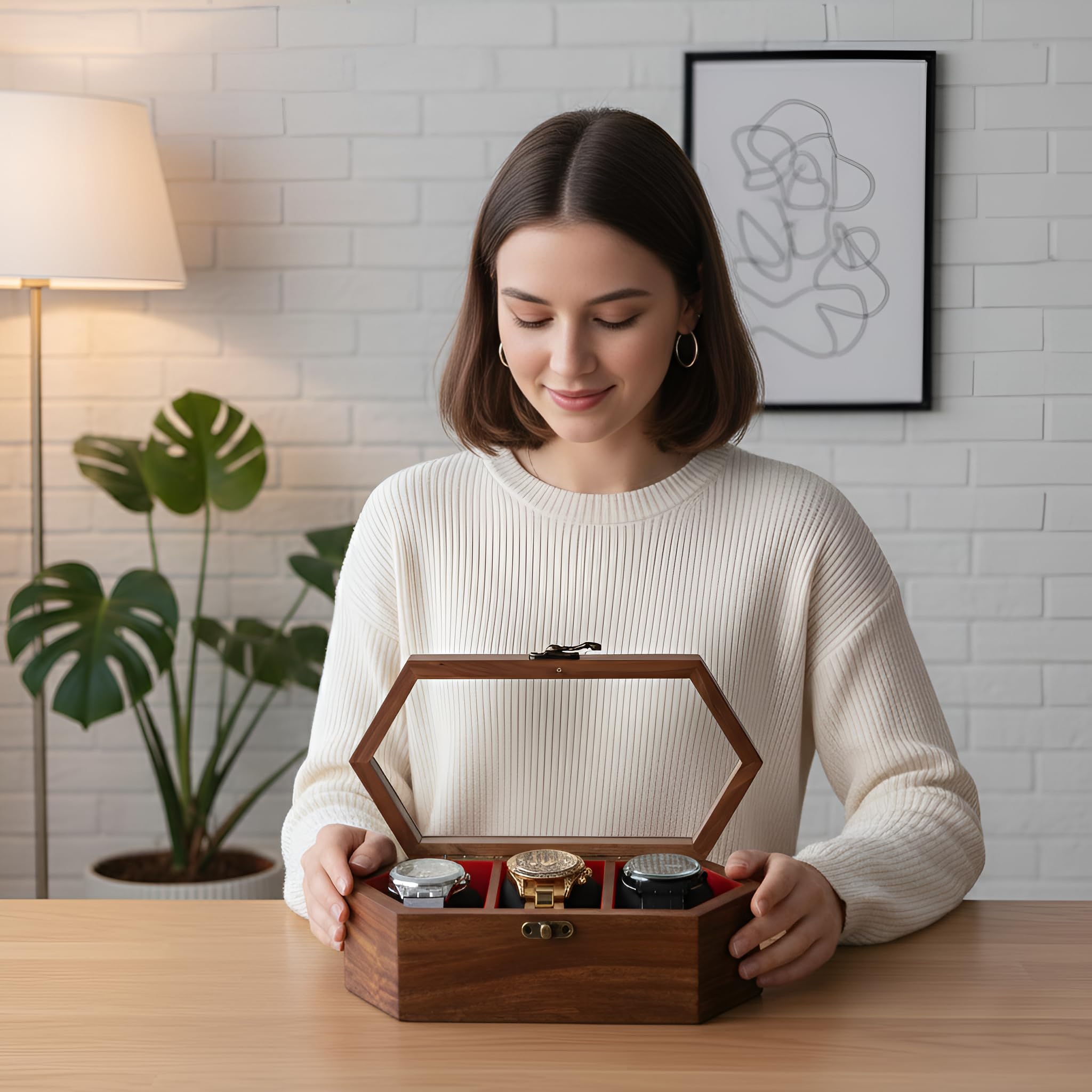 Caja expositora de madera para reloj, construcción de palisandro y arce, tapa de cristal con cerradura vintage, estuche de almacenamiento de joyas, hecho a mano de arce y