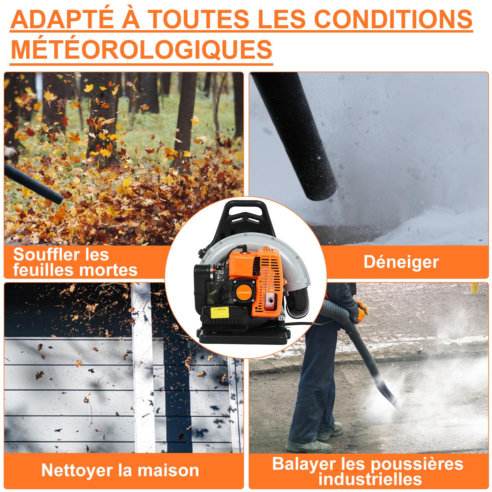 Souffleur Thermique 2 Temps 63 CC, Souffleur Feuille Thermique à Dos à Neige Haute Résistance pour l'Extérieur, Orange-A