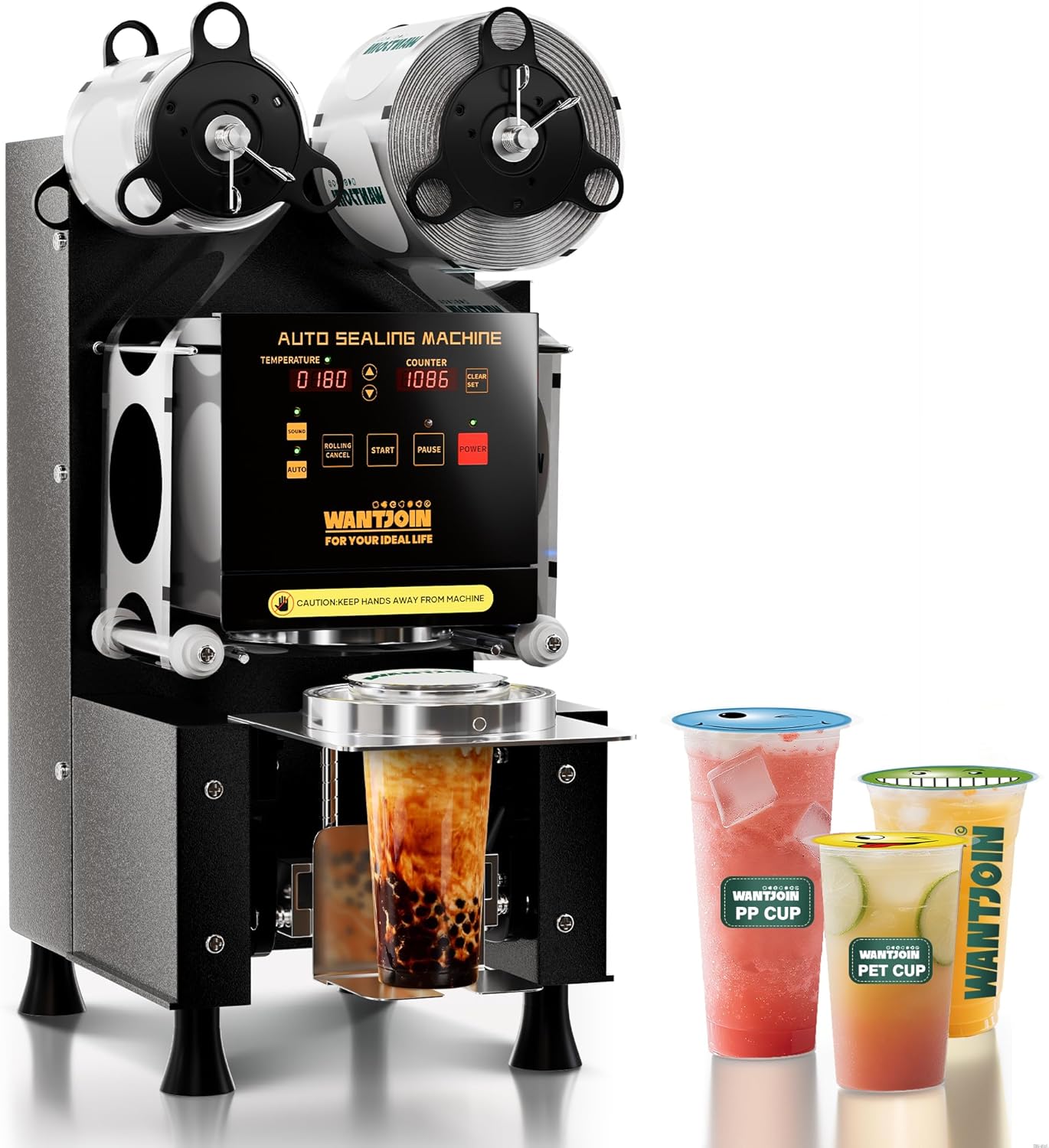 WantJoin Full Automatic Cup Sealing Machine - Electric Cup Sealer Machine 90/95mm, 500-600 Cups/H Digital Control LCD Panel Cup Sealer for Bubble Milk Tea Coffee Black, L15.3"*W9.9"*H20"