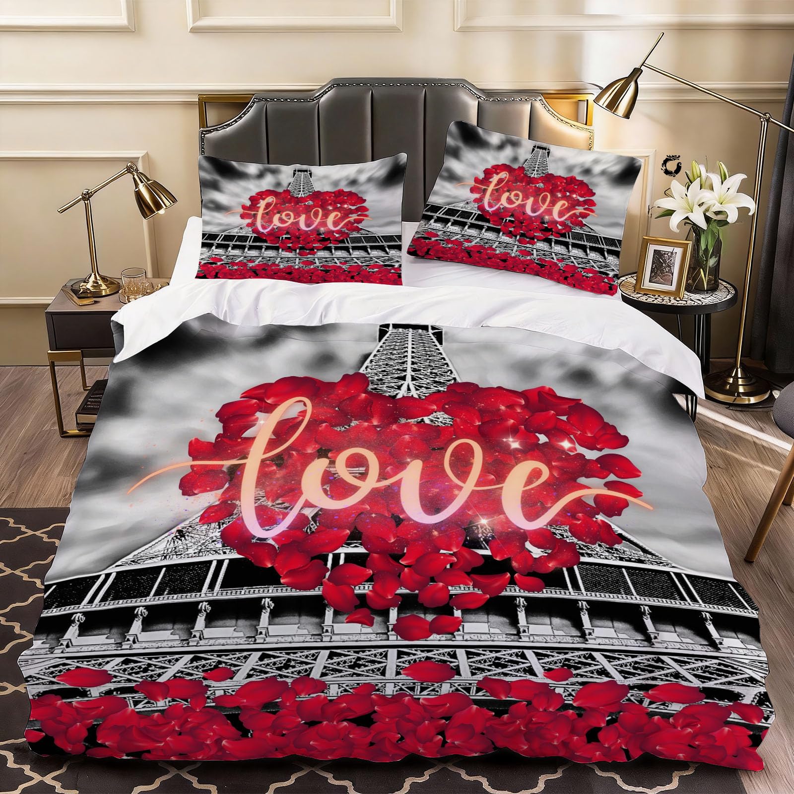 3D Eiffel Tower Duvet Cover Cartoon Bedding Single Bed Set, Soft Microfiber Comforter Cover Printed with Zipper Closure Quilt Coverr 135x200 cm and 2 Pillowcases