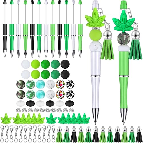 Teling Juego de 12 bolígrafos con cuentas de hojas de plástico de tinta negra, con cuentas espaciadoras surtidas, cuentas y borlas de silicona y 12