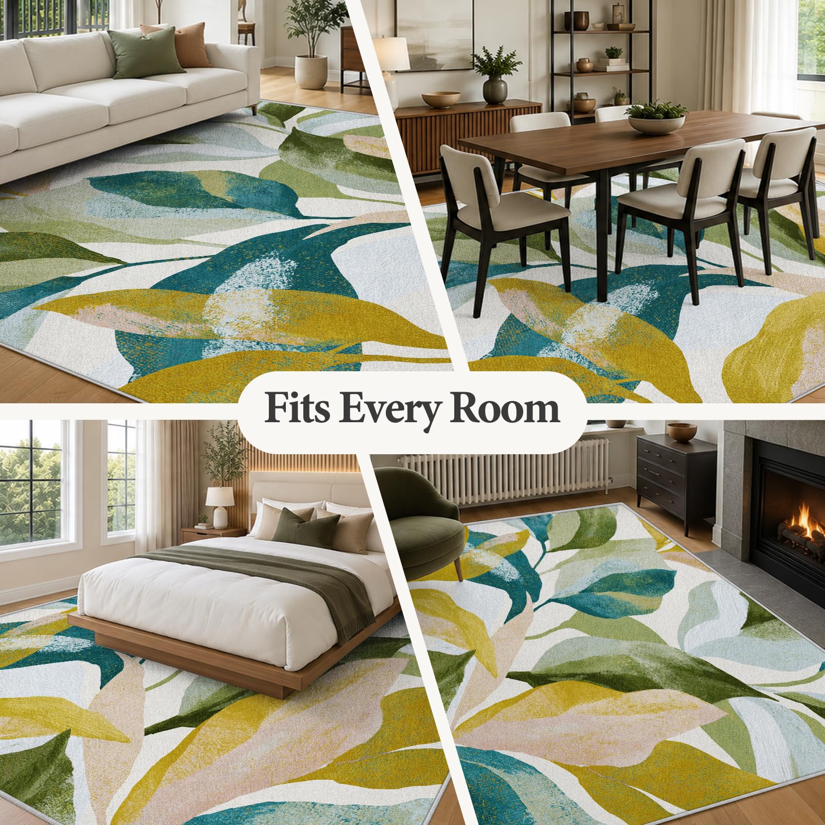 Tapis Salon Feuilles Aquarelle 200x300cm Lavable en Machine Antidérapant