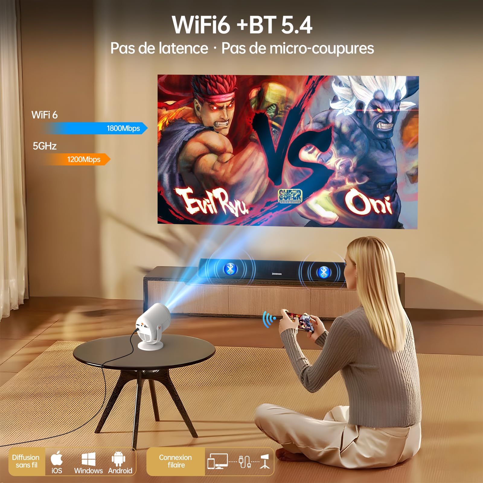 Videoprojecteur Full HD 1080P Natif Mini Projecteur Portable 200ANSI WiFi 6 Bluetooth 5.4,Haut parleurs intégrés Auto Keystone 180° Rotation pour Phone/HDMI/USB/Clé TV