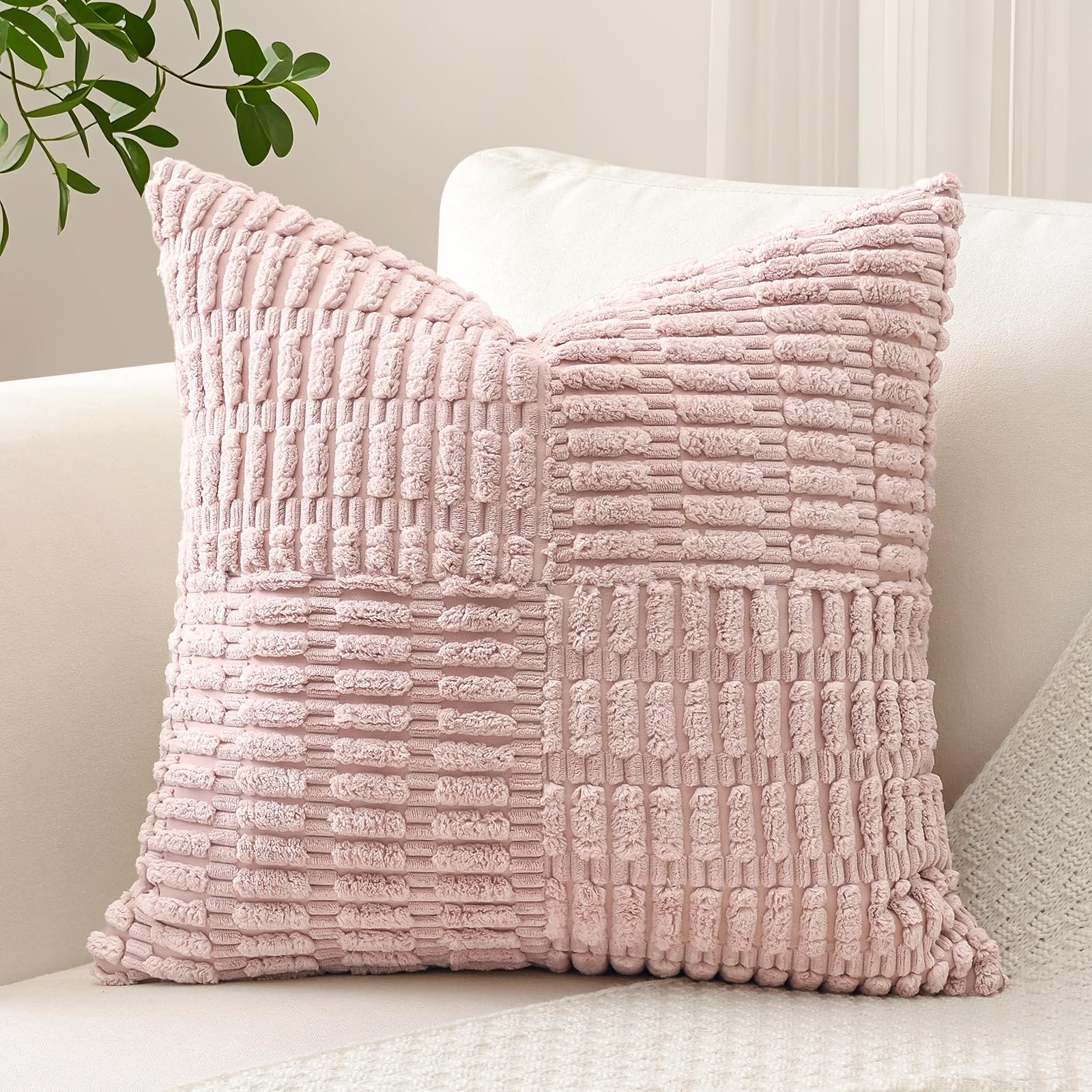 Sungeek Set of 1 Decorative Cushion Cover 50 x 50cm Soft Corduroy Striped Cross Patchwork Textured Pillow Case Boho Farmhouse Square Throw Pillow Cover for Sofa Bed Patio 20x20 Inch, Pink — image 1