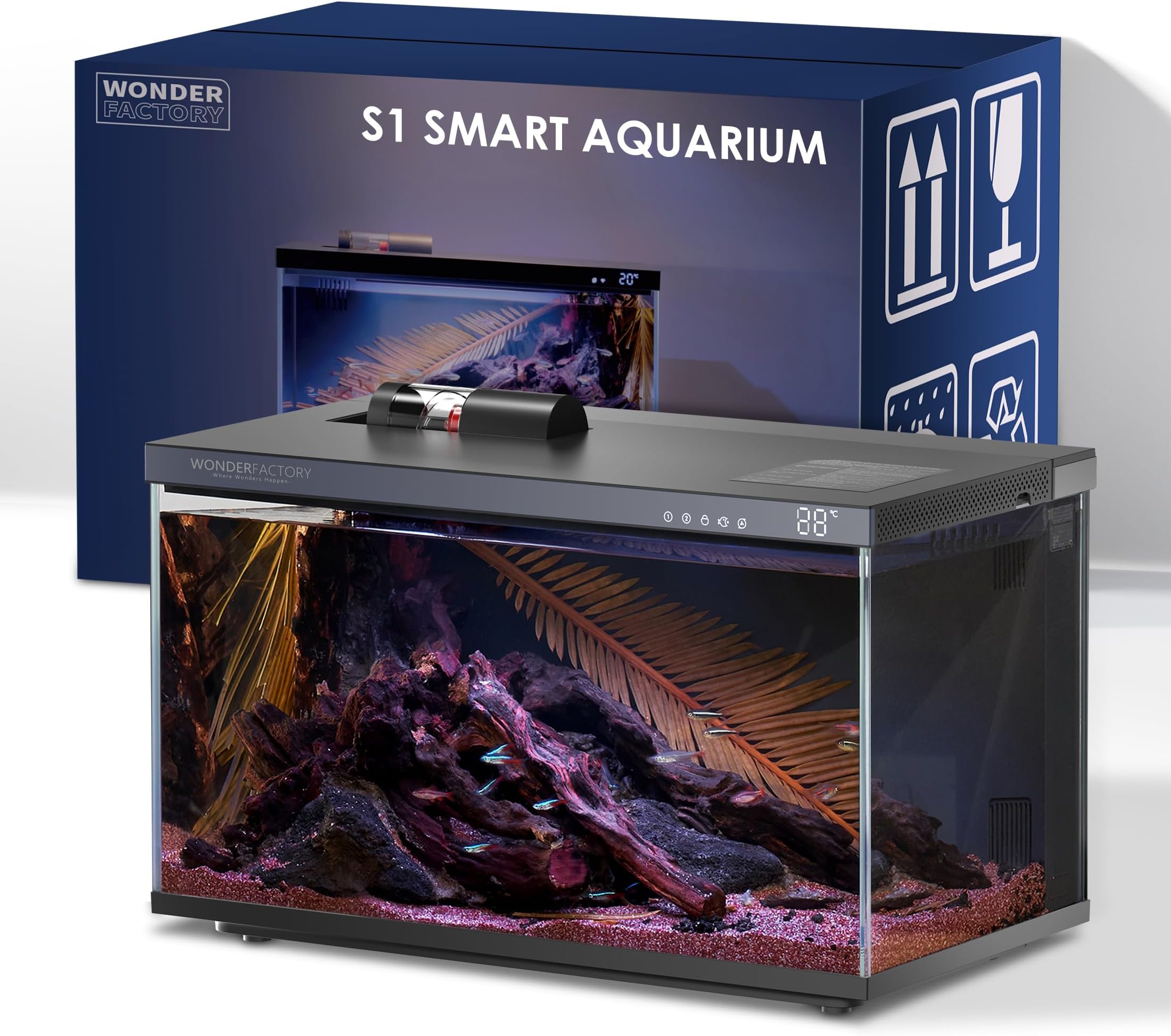 5 Gallon Smart Aquarium Fish Tank Starter kit, Including Modular Filtration, 7 Color Lighting, Automatic Feeder, Temperature Monitor. Self-Cleaning Fish Tank, HD Glass, No Installation Needed