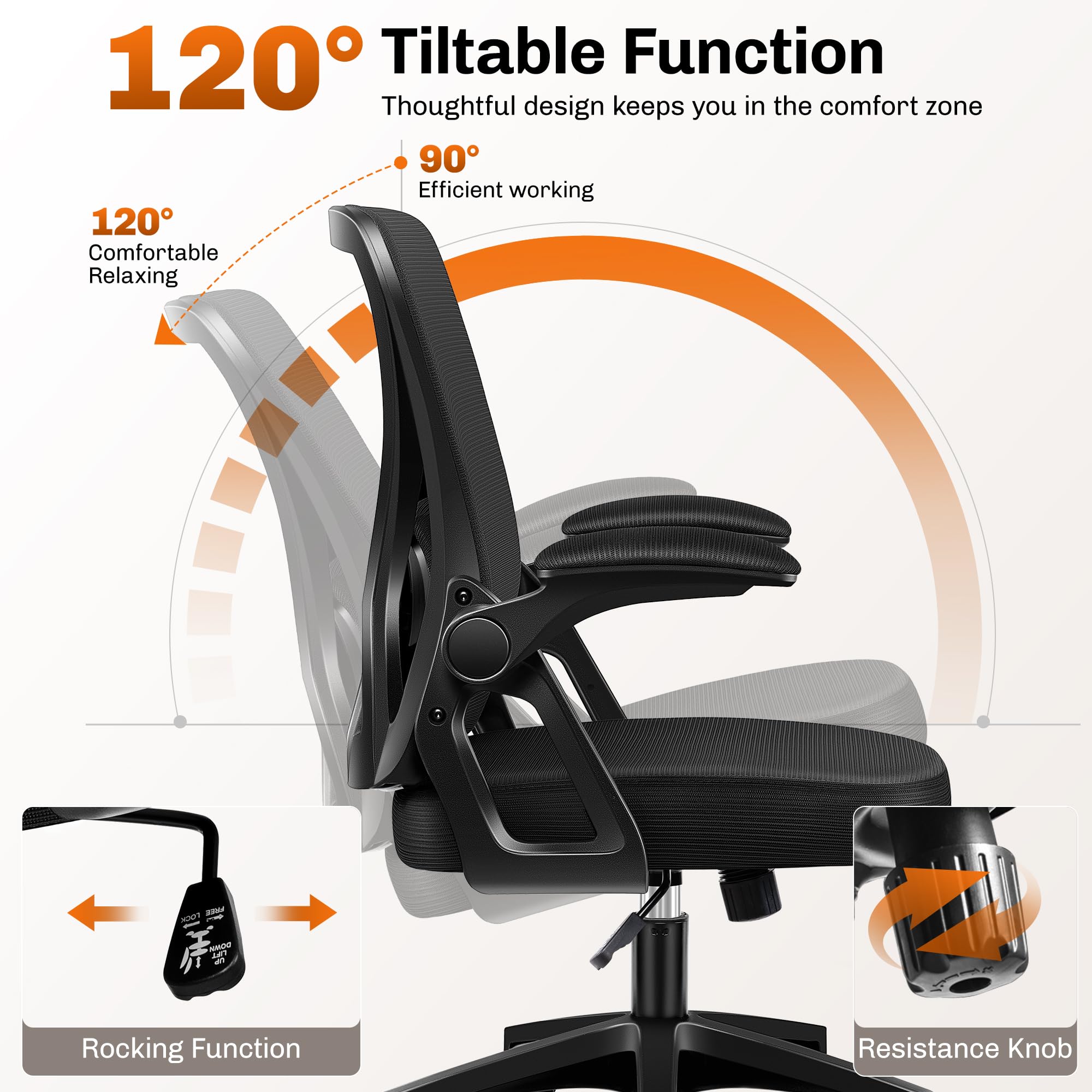 Office Chair, Ergonomic Home Computer Desk Chairs, Comfy Breathable Mesh Chair with Adjustable Lumbar Support Flip-up Armrests, Executive Task Chair with High Back for Home Office Rolling Swivel Chair