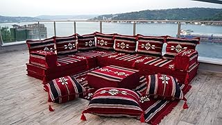 Oriental Floor Seating, Maroon Floor Sofa Seating Set, Corner Arabic Sofa, Floor Cushions, Arabic Furtiture, Arabic Majlis, Moroccan Jalsa (L Sofa + Rug)