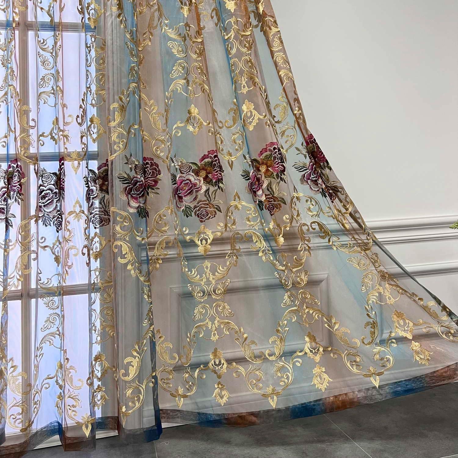 WPKIRA Gradient Color Window Treatments Exquisite Luxurious Floral Embroidered Rod Pocket Top Tulle Voile Sheer Curtains Transparent Sheer Curtain Drapes 1 Panel