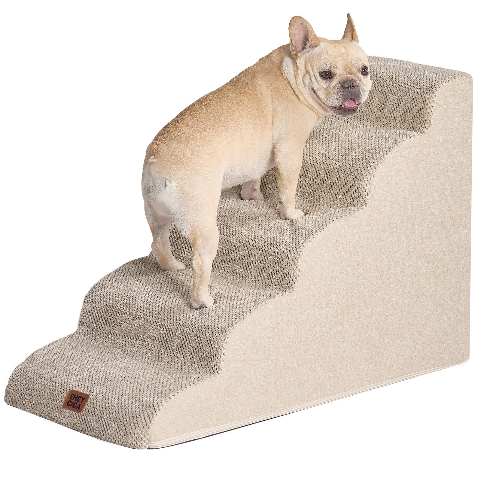 EHEYCIGA Curved Dog Stairs Ramp for High Beds 22.6" H, 5-Step Dog Steps for Small Dogs and Cats, Pet Stairs for High Bed Climbing, Non-Slip Balanced Pet Step Indoor, Beige