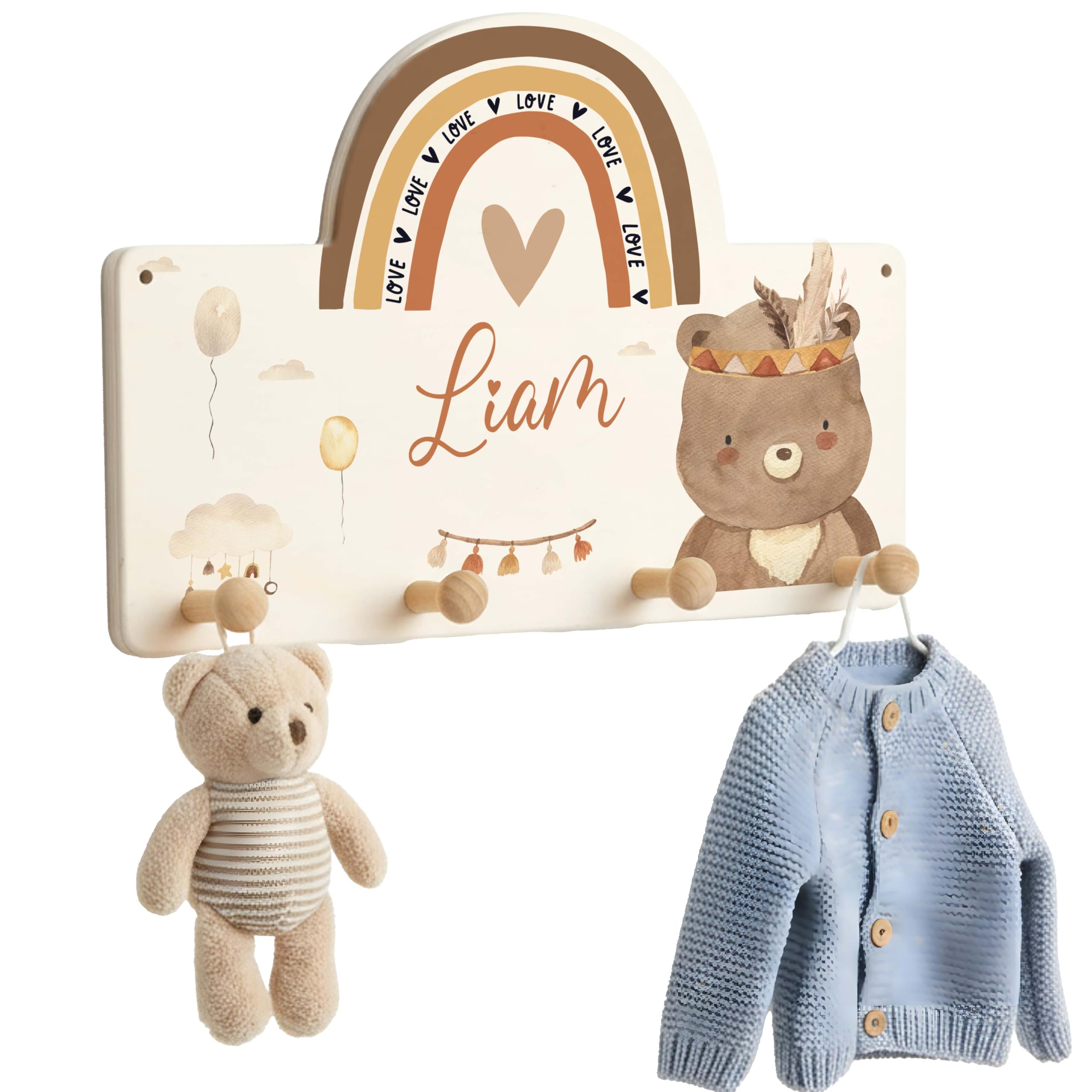 Kidsmood - Kindergarderobe Personalisiert mit Namen - Wandgarderobe mit 4 Hacken aus Holz inkl. Dübel & Schrauben - Garderobe für Baby & Kleinkinderzimmer - Geschenk zur Geburt & Taufe [40x27,5 cm]