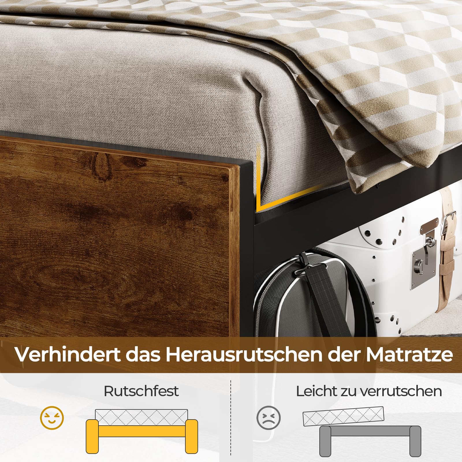 DICTAC Bett 140x200 cm mit LED Beleuchtung,Metall Doppelbett mit Steckdose und USB-Ladefunktion, Bettgestell 140x200 cm mit Holzkopfteil Stauraum, Bettrahmen mit Lattenrost und Stauraum unter dem Bett