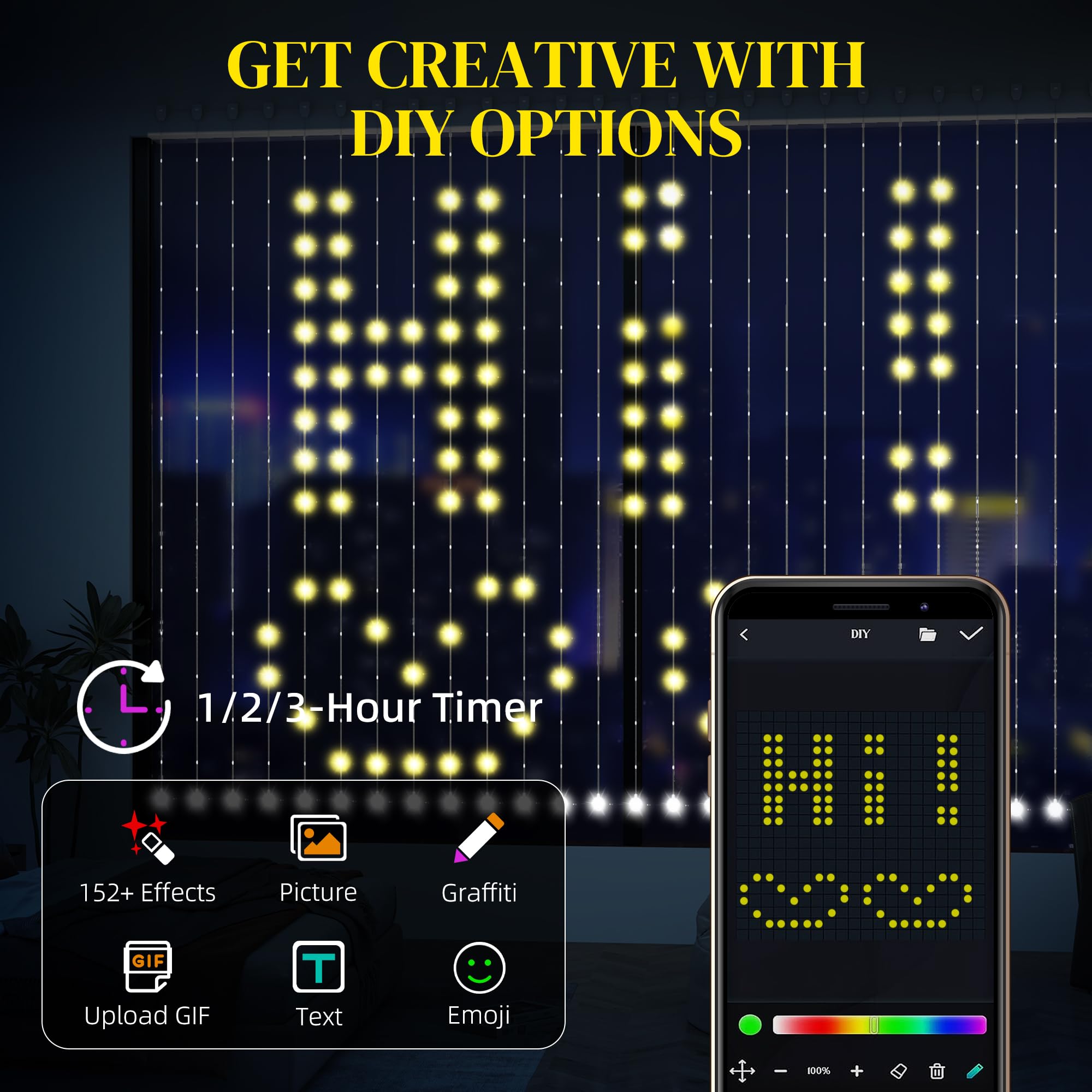 HOMCOM LED Curtain Fairy Lights with Remote, App Control - Image 4