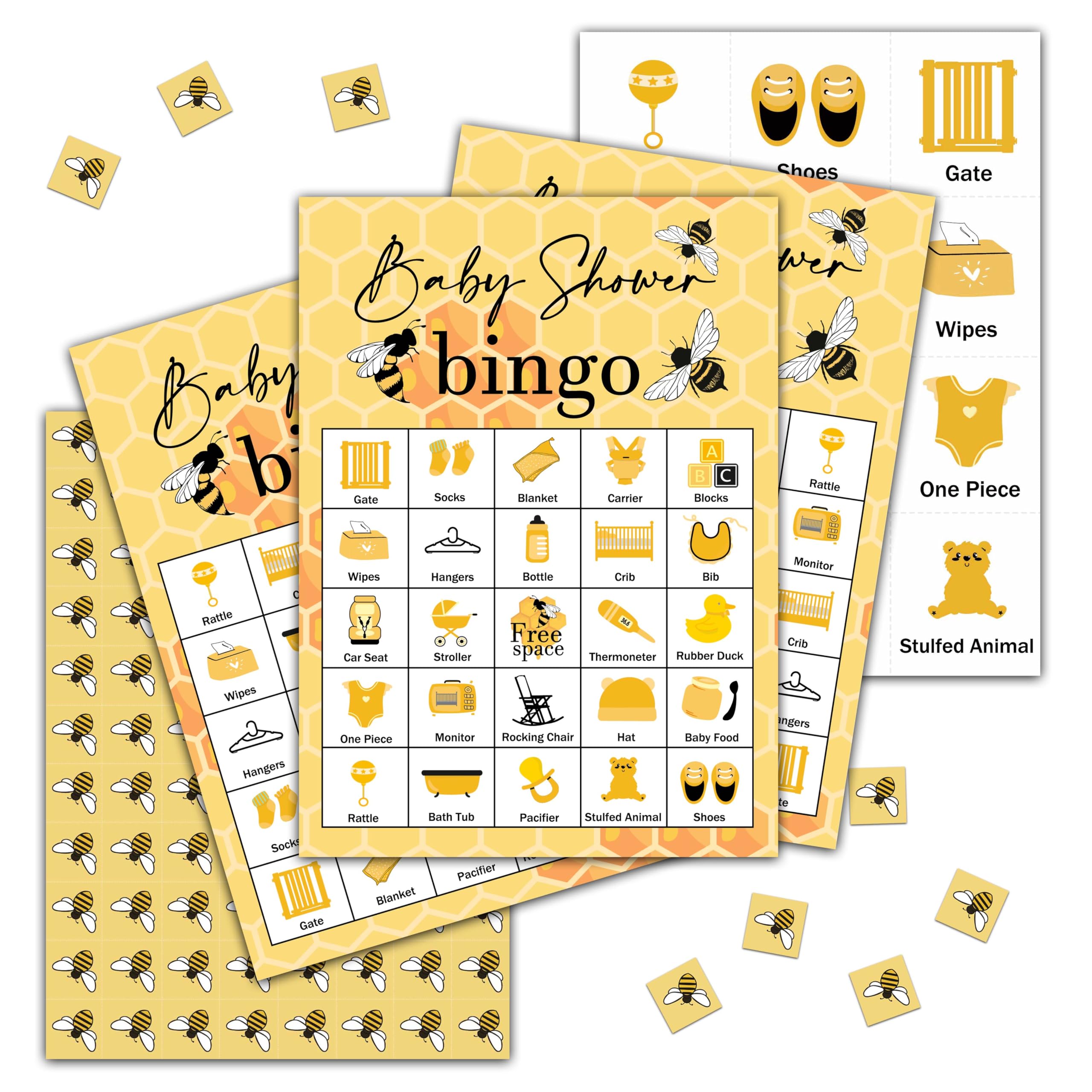 Honey Bee Bingo Games, Baby Shower Bingo for 24 Players, Modern Bee Themed Game, Advanced Color Printing, No Assembly Required
