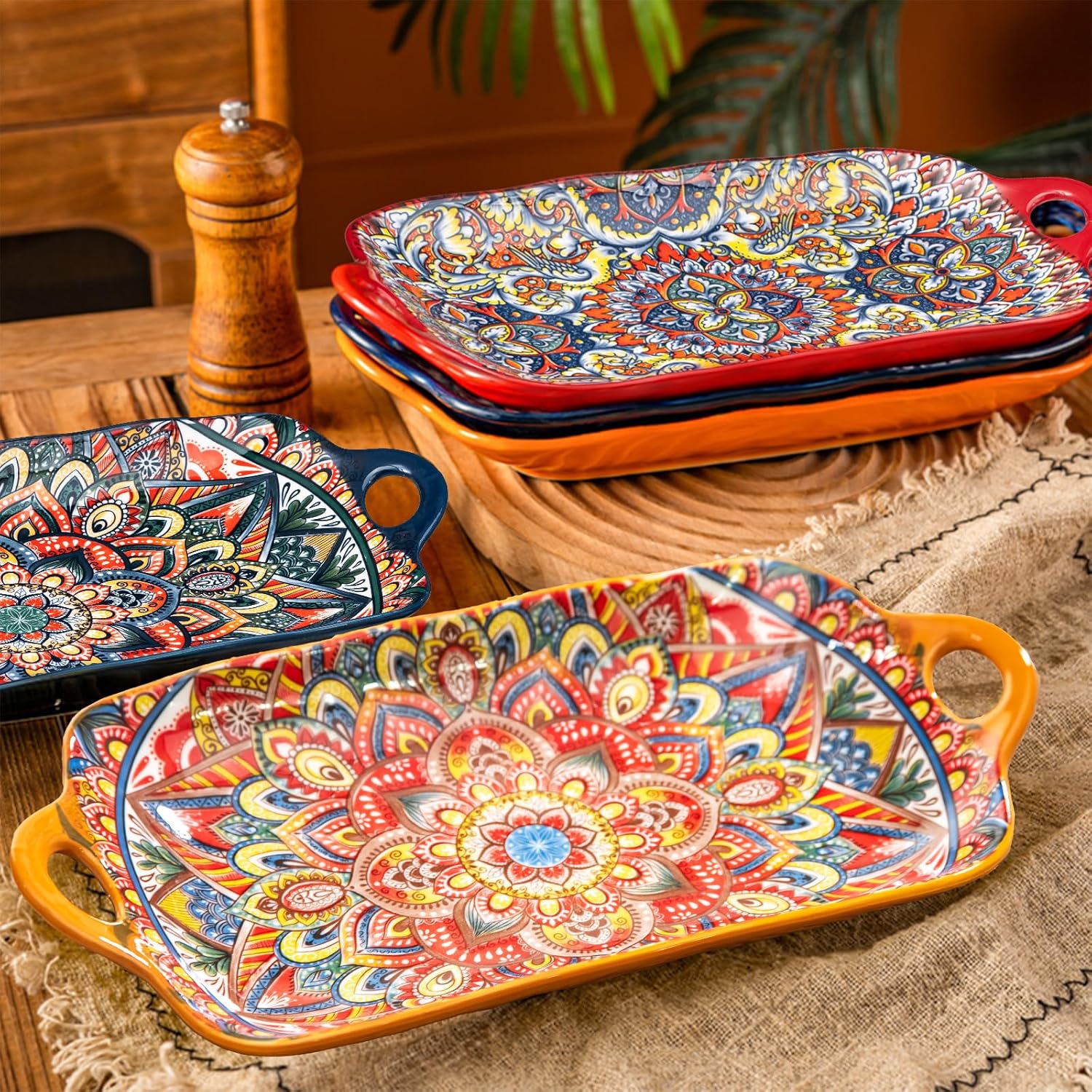 Boho Ceramic Serving Platters with Handles Set of 4, 12Inch Large Serving Dishes for Entertaining, Colorful Cute Porcelain Serving Plates for Sandwich, Appetizer, Fruit, Microwave Oven Safe Mix-color - Image 3