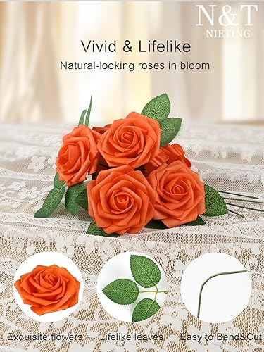 Miniatura 6 de N&T NIETING Flores artificiales de otoño, flores artificiales de rosas naranjas perfectas para bricolaje, ramos de boda, centros de mesa, fiesta de