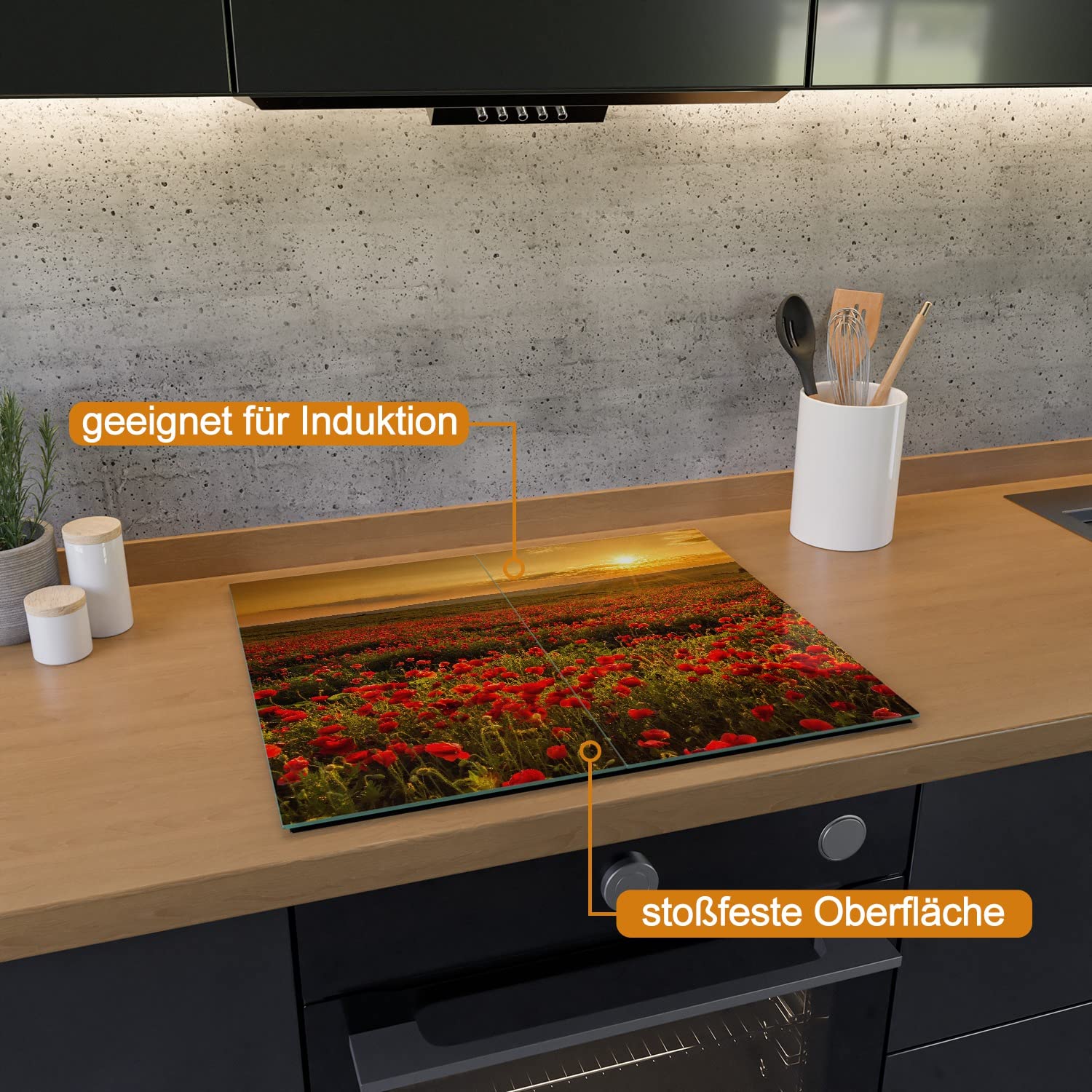 Wallario Herdabdeckplatte aus Glas, 2-teilig, 60x52cm, für Ceran- und Induktionsherde - Motiv: Mohnblumenwiese bei Sonnenuntergang am Abend