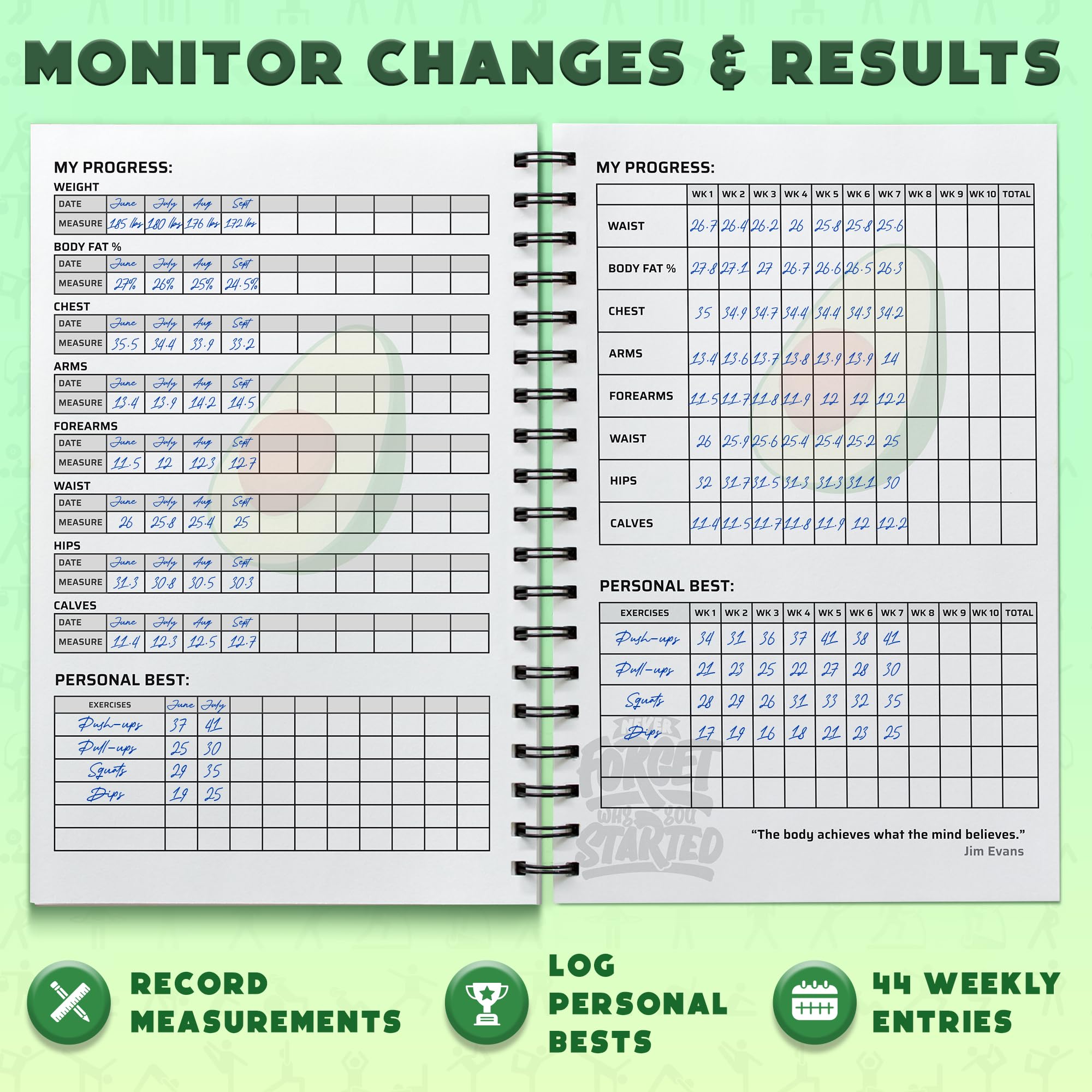 Fitness Logbook - Workout Planner - Formato A5, Verde avocado - Copertina più spessa migliorata - Diario di allenamento - Impostazione degli obiettivi per il bodybuilding - di Workout Log