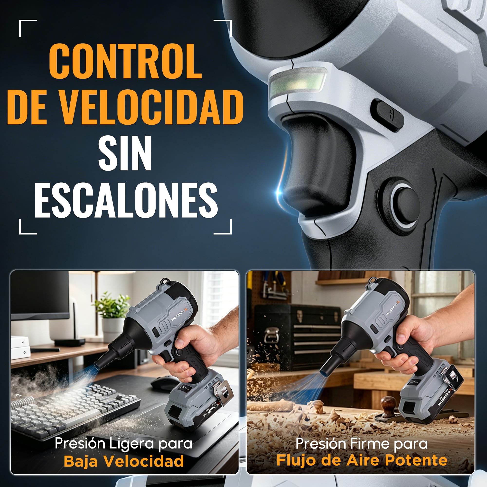 WORKPROX 20V Soplador de Aire Potente con Motor Sin Escobillas | Soplador Eléctrico con Batería Recargable de 2 Ah, 470 MPH, 4 Niveles de Velocidad, Función de Soplado/Aspiración, Luz LED