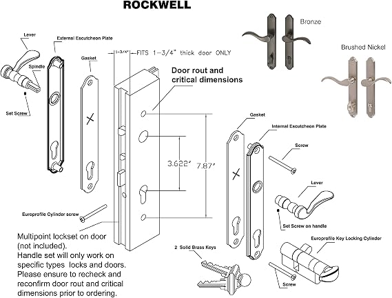Rockwell Security Traditional Swing Brass Door Handle Set with Cylinder Locking System in Brushed Nickel Finish- Fits 1 3/4 Inch Thick Doors for Residential Use (Mortise Multipoint Lock Not Included)