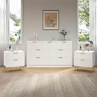 7 Drawer Dresser and Nightstand Sets, 3 Pcs Bedroom Set for Bedroom, Fluted Night Stand Set of 2 & 55" Wide Dresser w/Gold Handles, Modern Wood Chest of Drawers Storage Cabinet Set, White