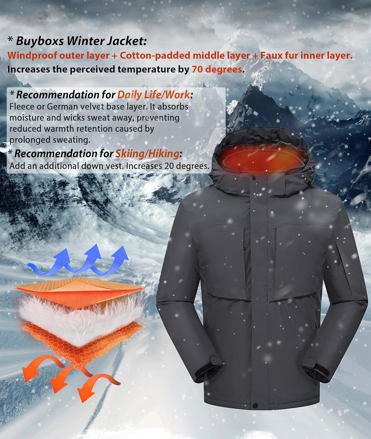 Mens Winter Snow Jacket Waterproof Ski Jackets Snowboard Rain Warm Coat Insulated Hood Fleece Lined - Image 6
