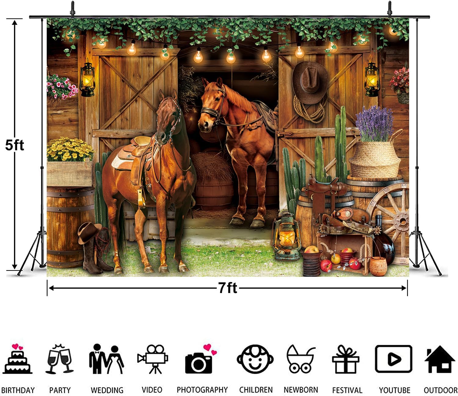 Western Cowboy Backdrop Wild West Retro Horse House Wooden Barn Door Photography Background Cowboy Theme Adults Kids Birthday Party Banner Decorations Supplies (7x5FT)