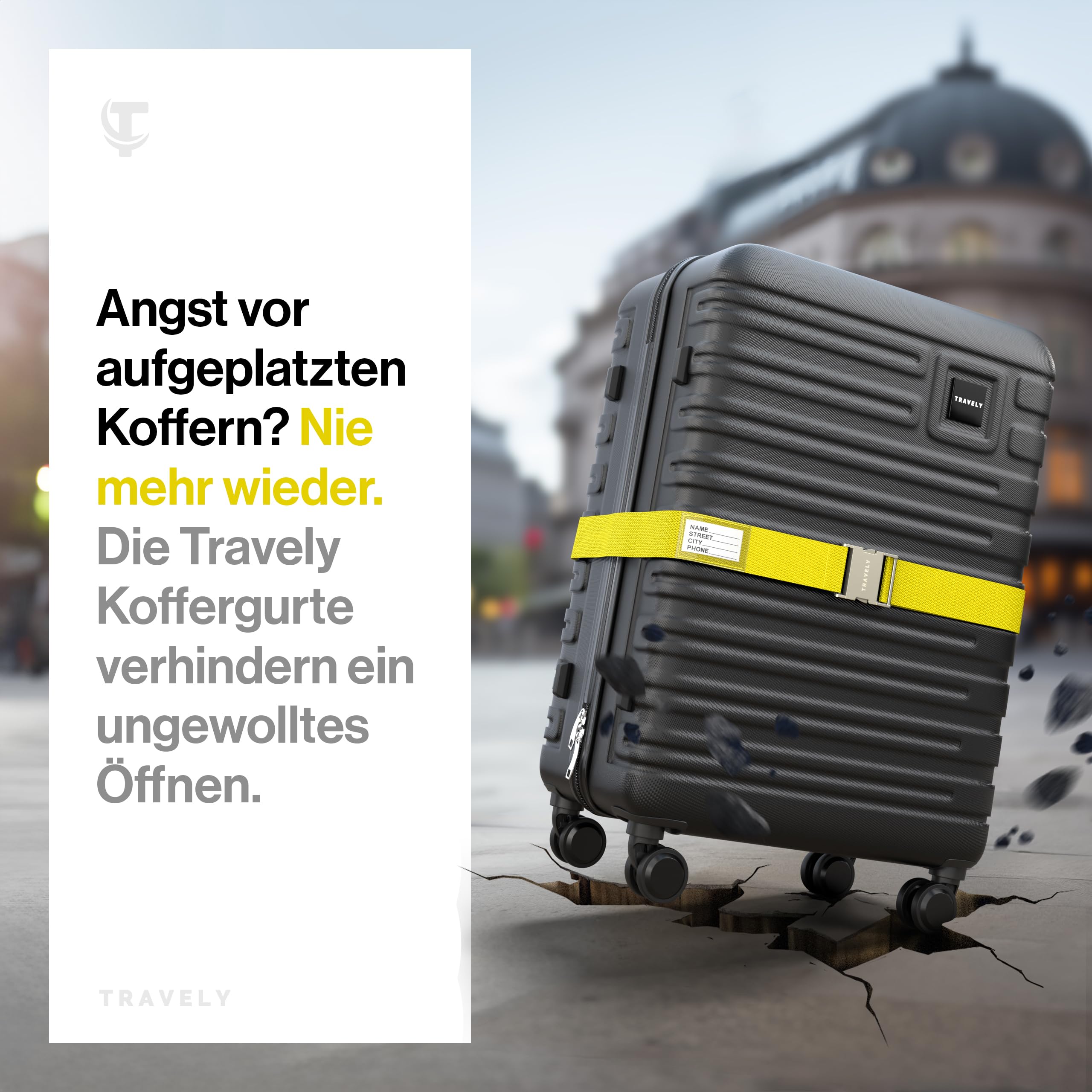 TRAVELY Premium kofferriem met metalen gesp, set van 2, bijzonder stijlvol en opvallend, zeer robuust, inclusief naamplaatje, geschikt voor handbagage tot grote maten, kofferband, kofferband